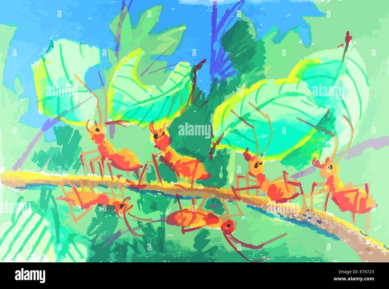 colorful ants working together painting background Stock Photo
