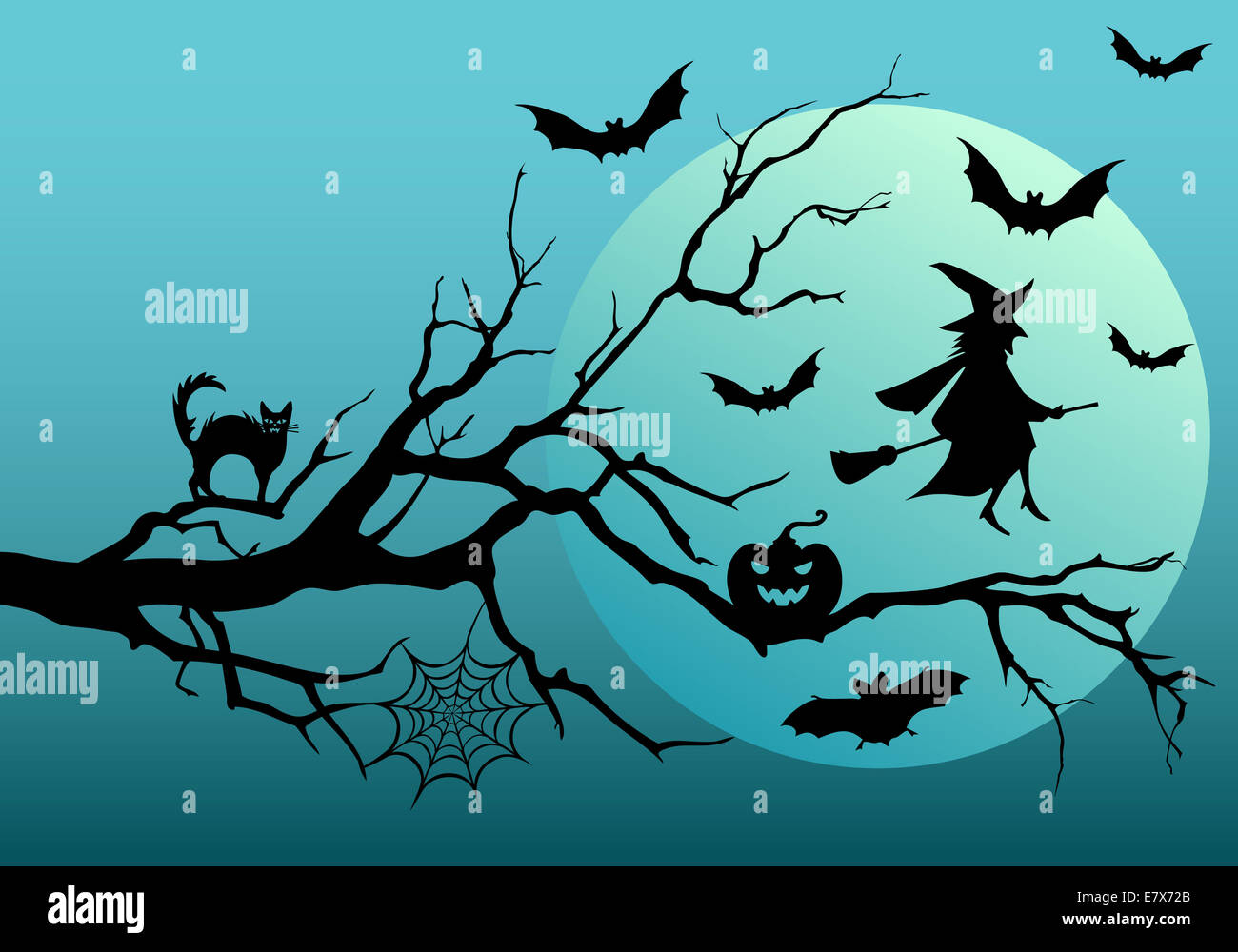Halloween night, flying bats and witch, vector illustration Stock Photo ...