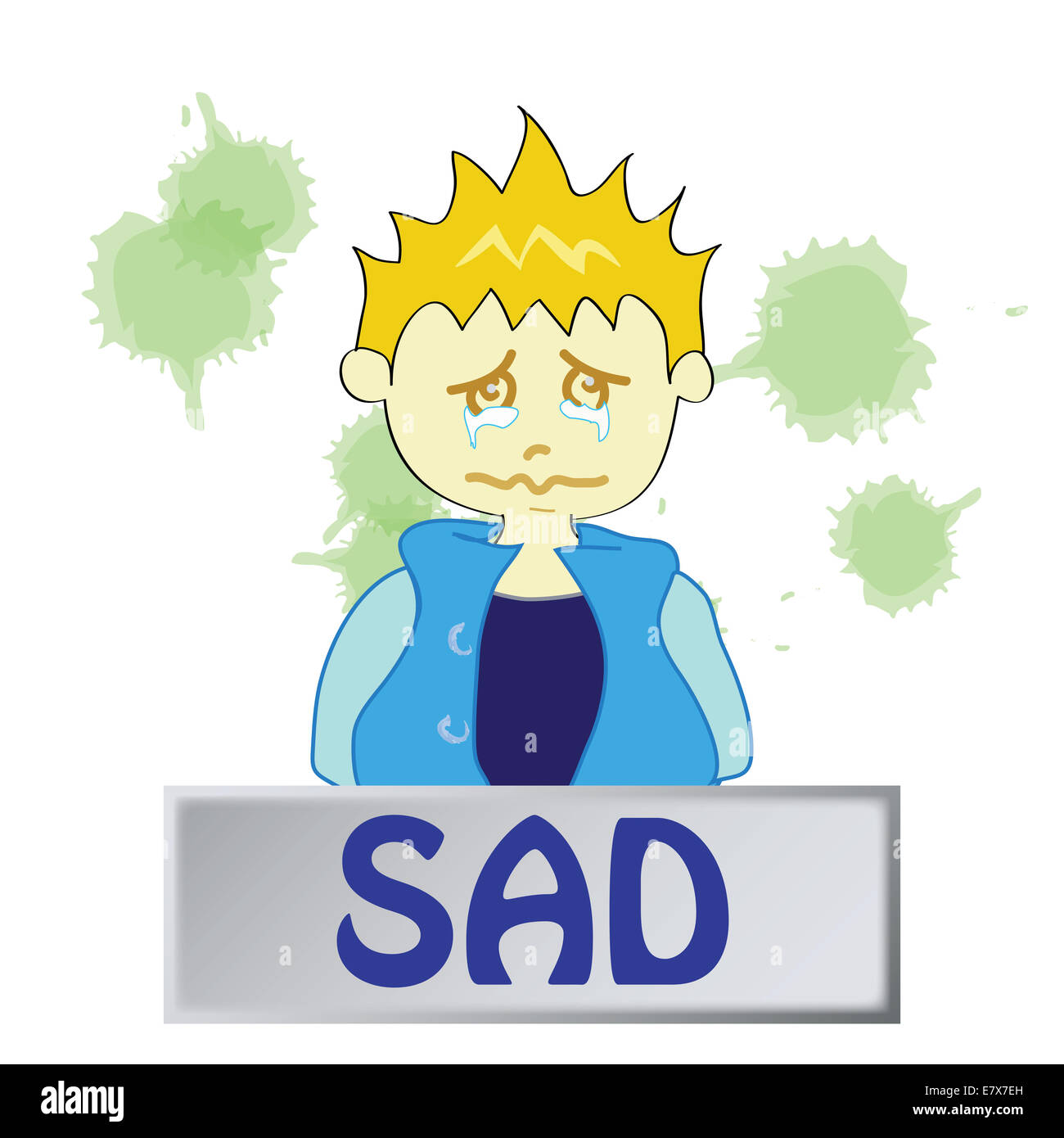 a boy character feeling sad on a white background Stock Photo