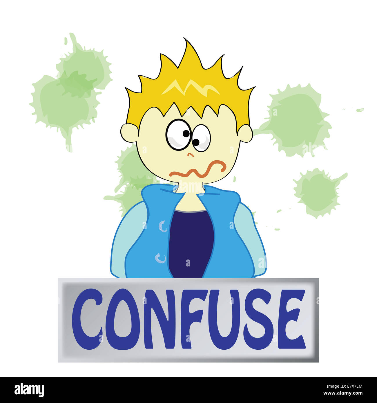 a boy character feeling confuse on a white background Stock Photo
