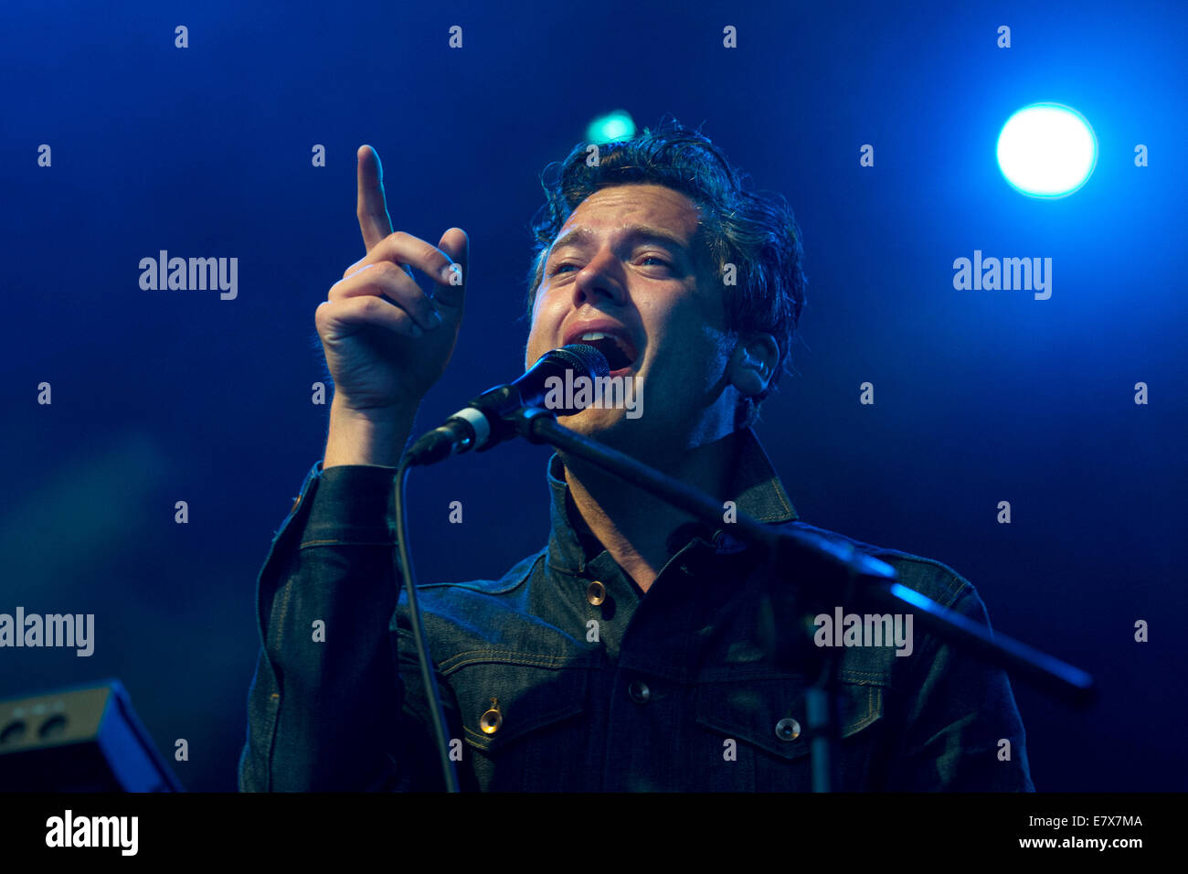 Eric Sanderson of Augustines performs during the Green Man festival at Glanusk Park. Stock Photo