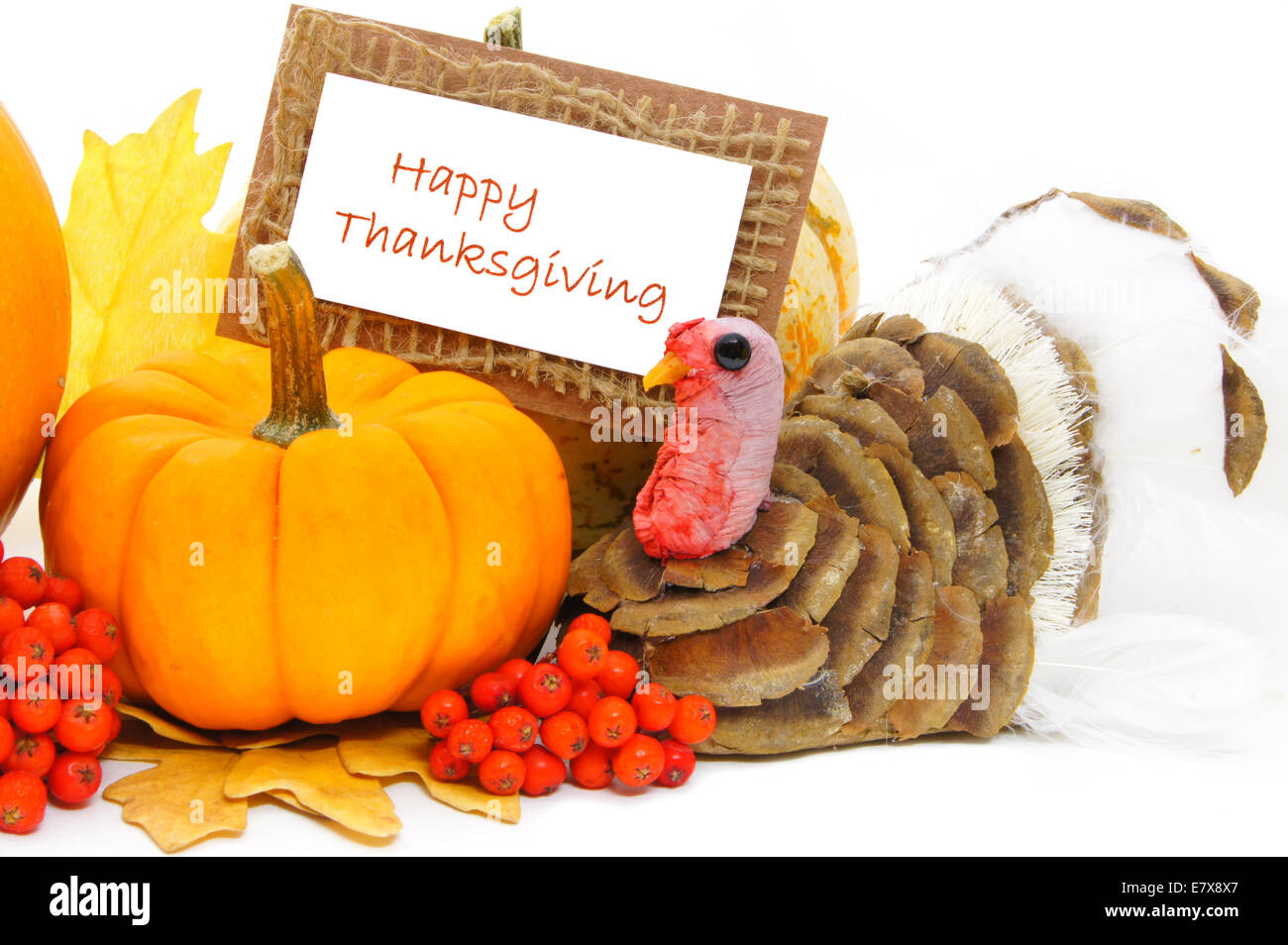 Happy Thanksgiving card with pumpkin and turkey decor over white Stock Photo