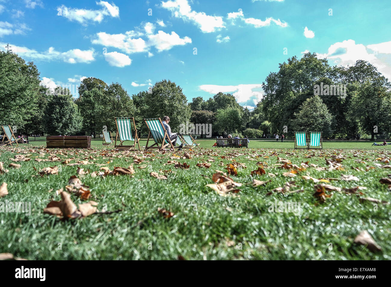 A beautiful day in a London Park autumn leaves on the ground. Deck chairs in the Sun with a blue sky with clouds Stock Photo