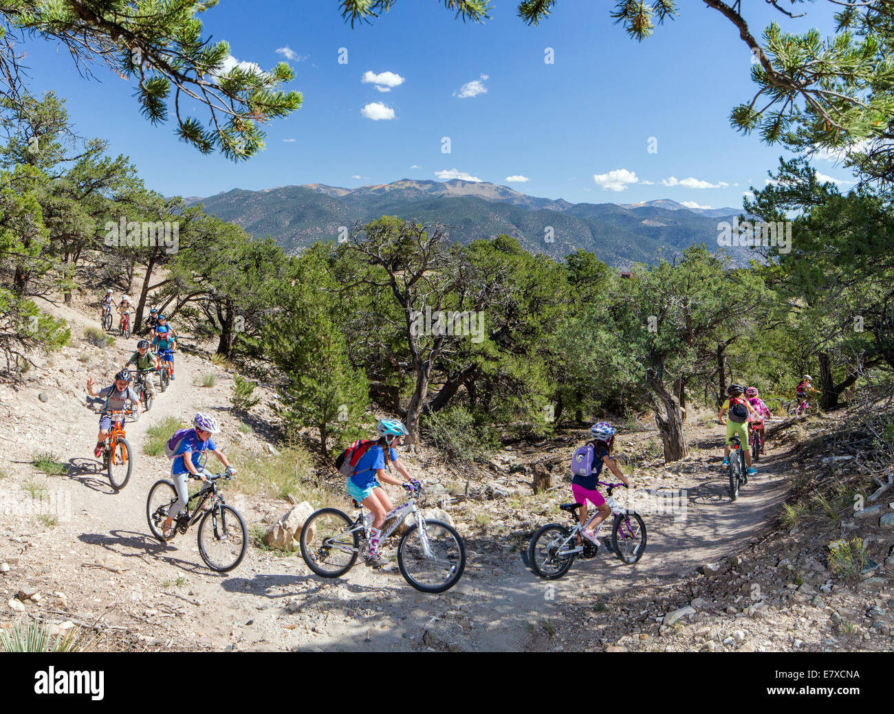 Middle school aged children 10 - 14 mountain biking on the Little Rainbow Trail, Salida, Colorado, USA Stock Photo
