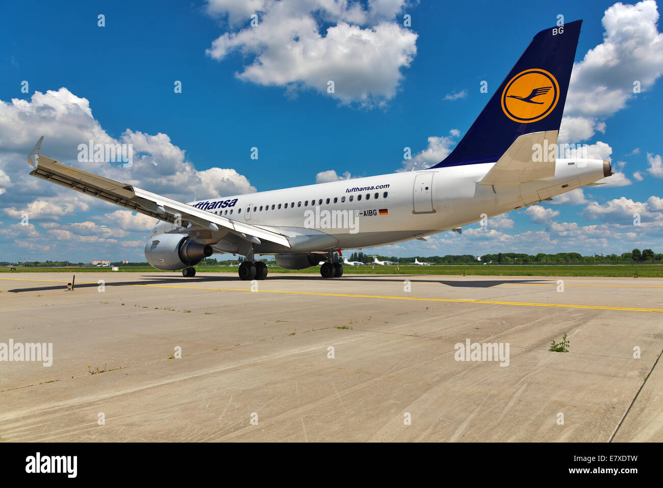 Boryspil (UKBB/KBP) Airport, Ukraine - July 5, 2014. Lufthansa Airbus A319 taxiing to the gate after landing Stock Photo