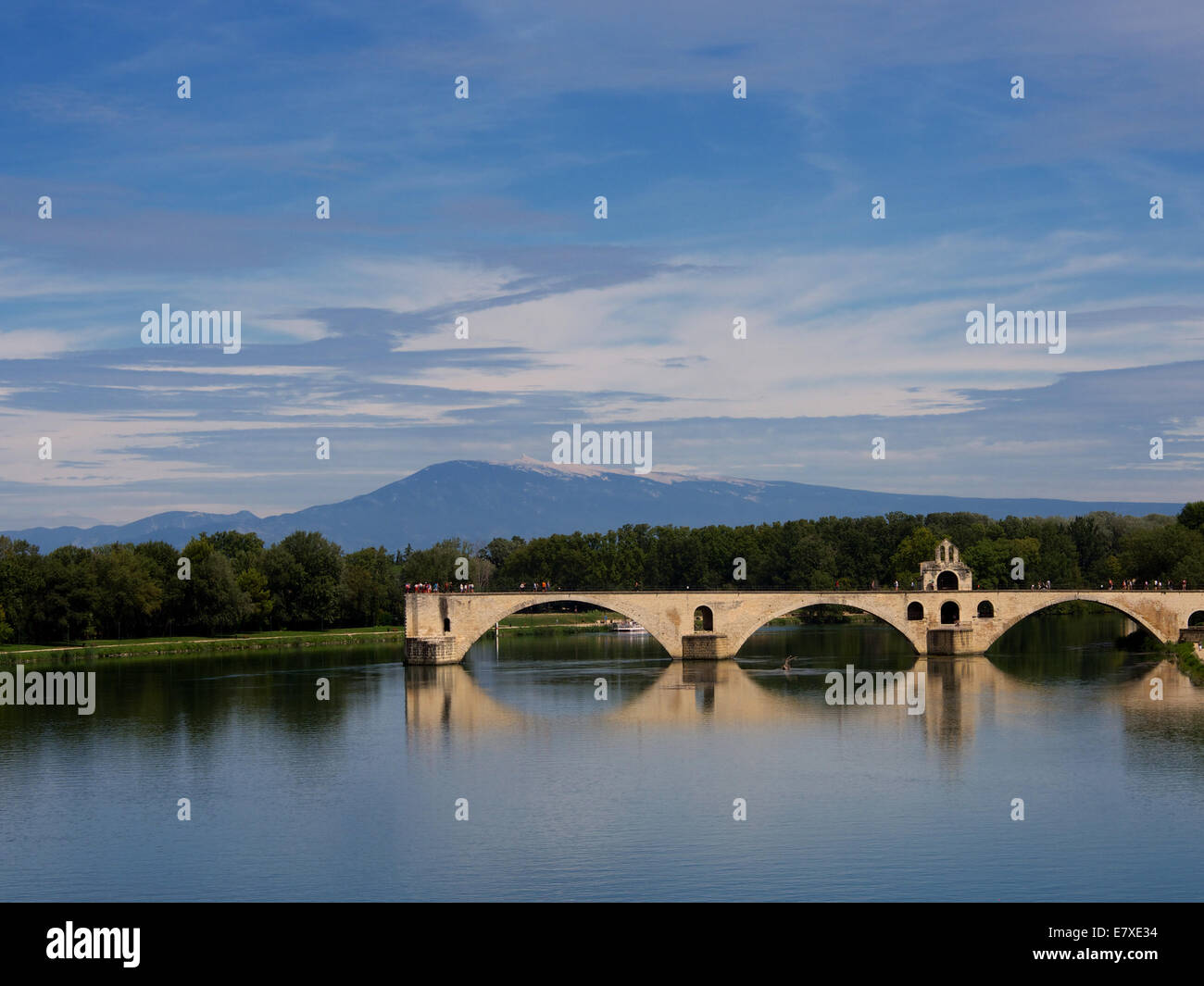 Saint Benezet bridge over the river Rhone , view on Mont Ventoux