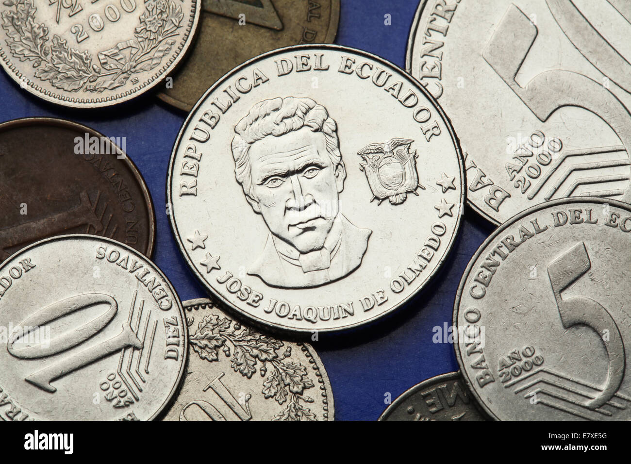 Coins of Ecuador. Ecuadorian national hero and poet Jose Joaquin de Olmedo depicted in the Ecuadorian centavo coins. Stock Photo