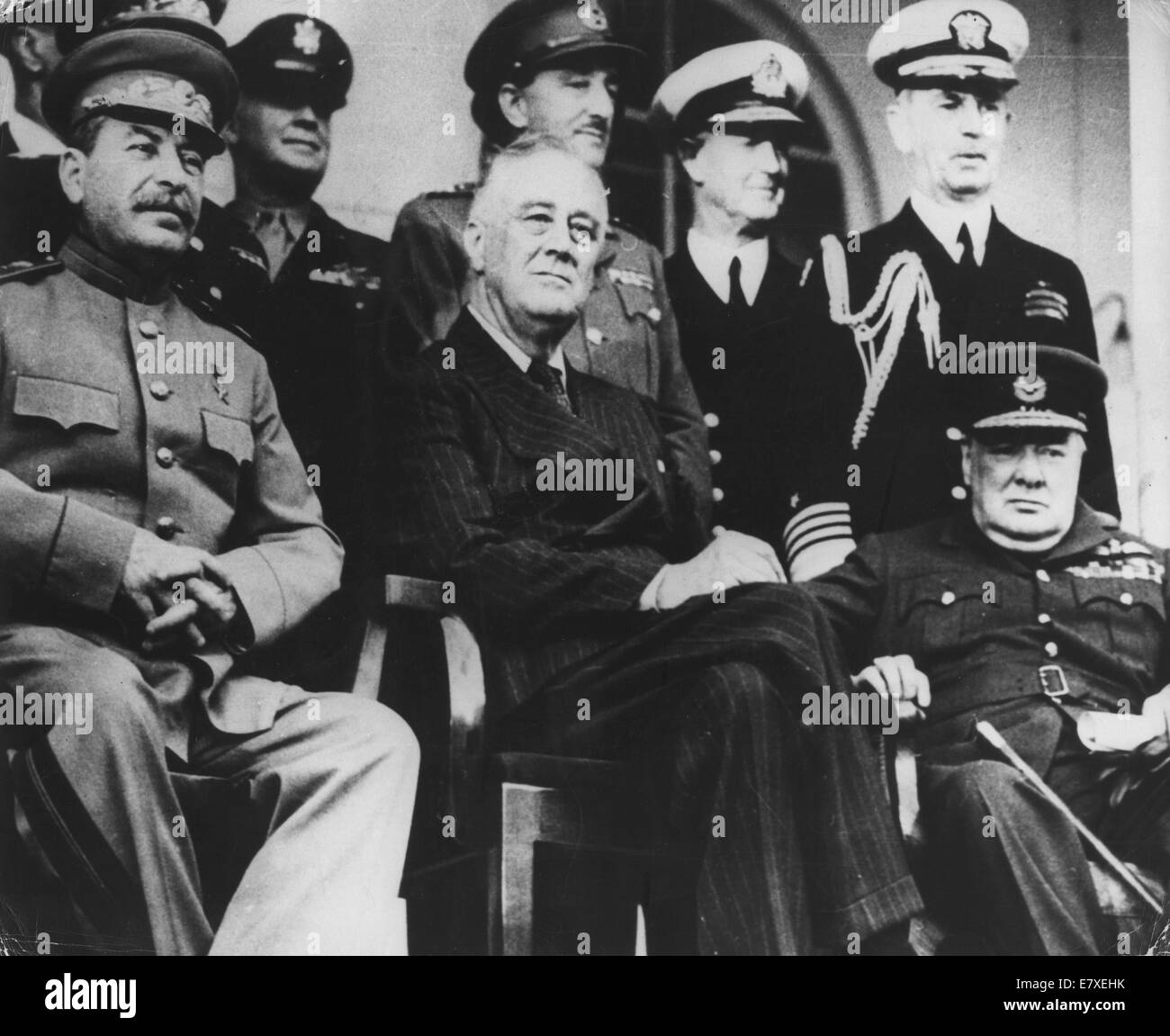 Nov 29, 1943 - Tehran, Iran - Historical encounter between General Secretary of the Communist Party JOSEPH STALIN, the U.S. President FRANKLIN D. ROOSEVELT and U.K. Prime Minister Sir WINSTON CHURCHILL during the Teheran Conference. The Tehran Conference (codenamed Eureka) was a strategy meeting held between Joseph Stalin, Franklin D. Roosevelt, and Winston Churchill from November 28 to December 1, 1943. It was held in the Soviet Embassy in Tehran, Iran and was the first of the World War II conferences held between all of the 'Big Three' Allied leaders (the Soviet Union, the United States, and Stock Photo