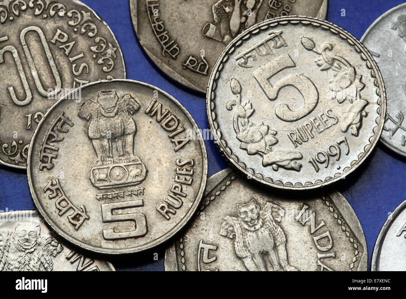 Coins of India. The Sarnath Lion Capital of Ashoka served as the state emblem of India depicted in the Indian five rupees coin. Stock Photo
