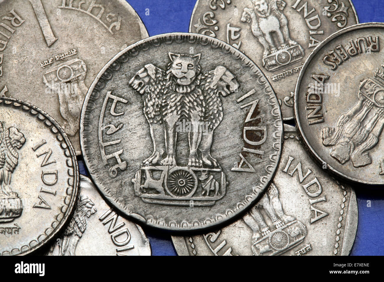 Coins of India. The Sarnath Lion Capital of Ashoka served as the state emblem of India depicted in the Indian one rupee coin. Stock Photo