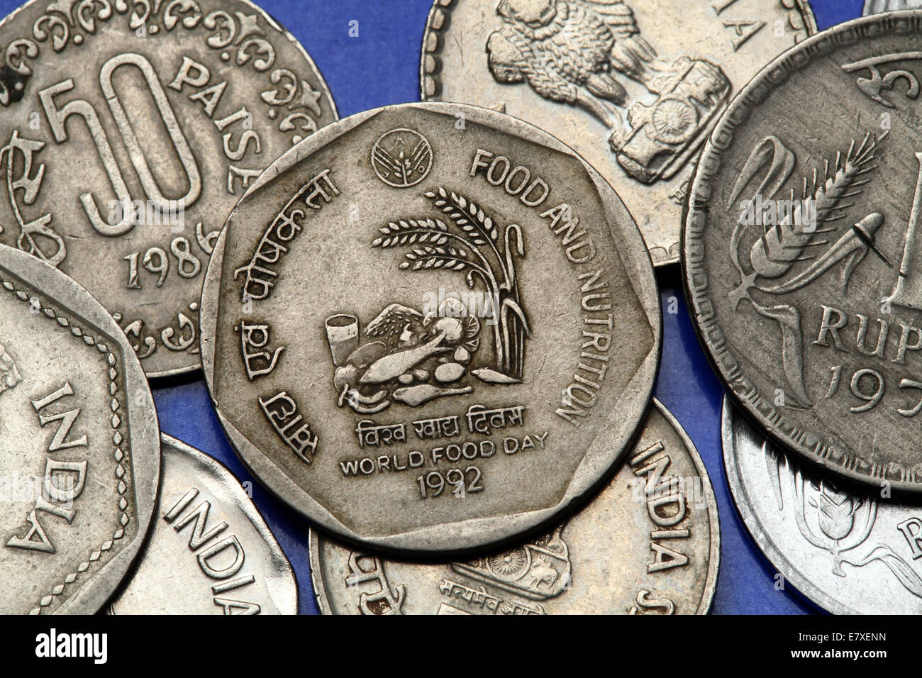 Coins of India. Indian one rupee coin from 1992 dedicated to World Food