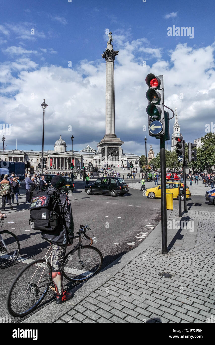 Nelsons Column, London, England, UK a cyclist waits at the Red Trafic light Stock Photo