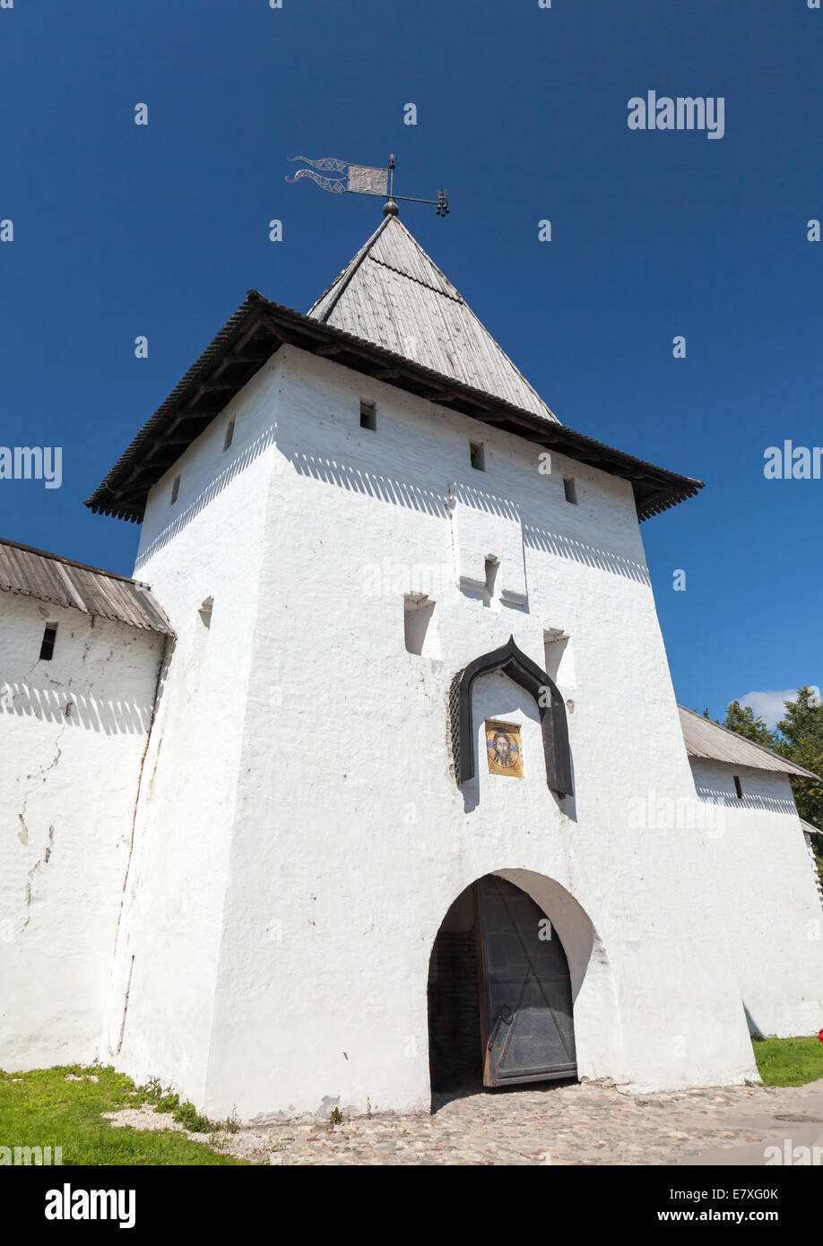 Entrance tower of ancient Pskov Krom or Kremlin. Russia Stock Photo