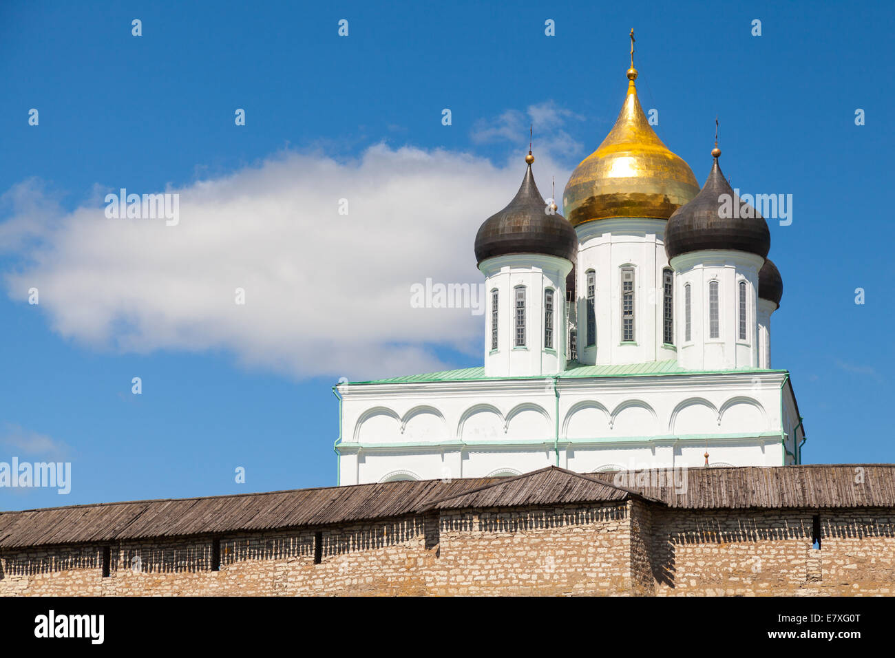 The Trinity Cathedral located since 1589 in Pskov Krom or Kremlin. Ancient Russian Orthodox Church Stock Photo