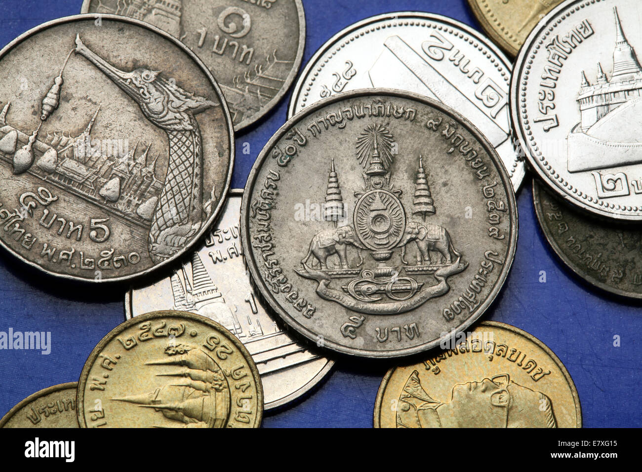 Coins of Thailand. The Royal Golden Jubilee Emblem depicted in the old Thai baht coins. Stock Photo