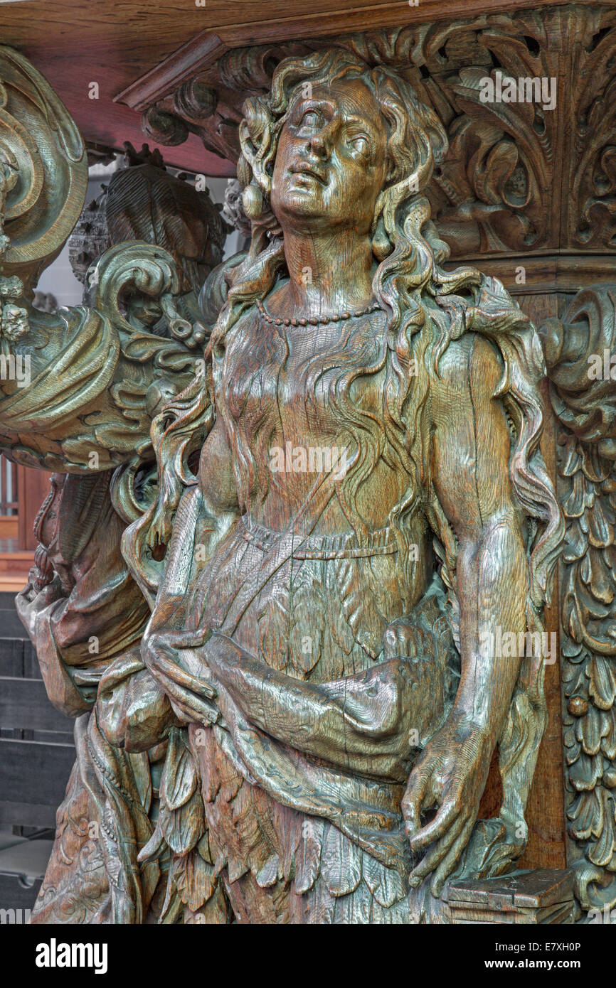 BRUGGE, BELGIUM - JUNE 12, 2014: The carved statue st. Mary of Magdalen on the pulpit in st. Jocobs church (Jakobskerk) Stock Photo