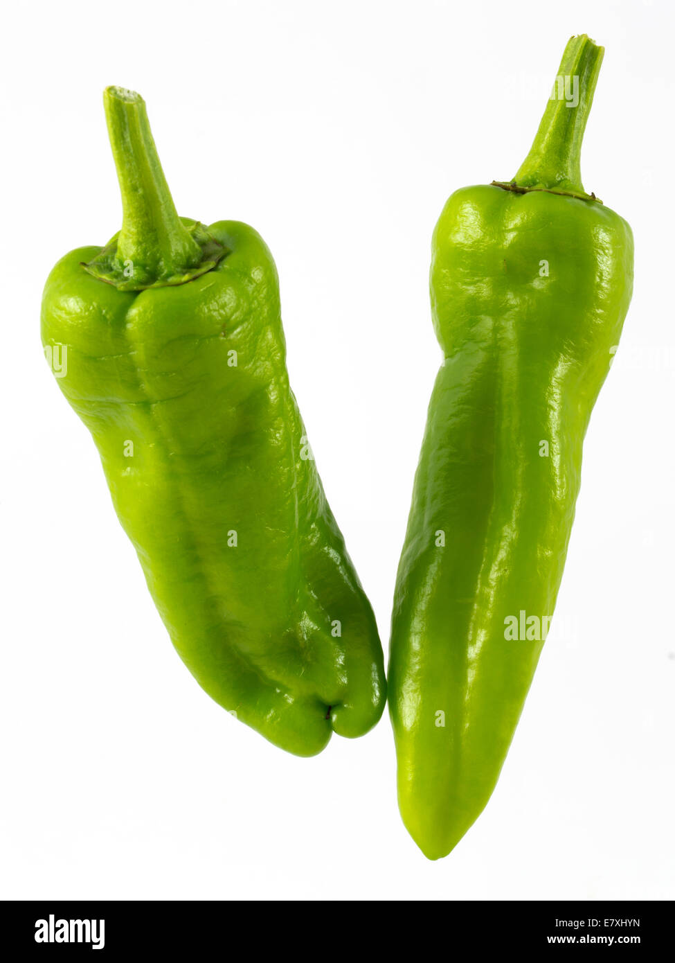 two green peppers on white background Stock Photo