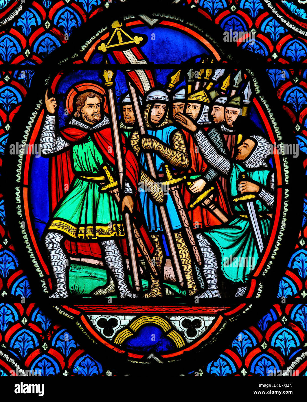 Stained glass window depicting Crusaders in the Cathedral of Tours, France. Stock Photo