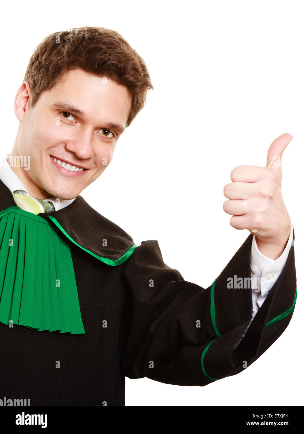 Law court. Man lawyer attorney in polish (Poland) black green gown showing thumb up success hand sign gesture isolated on white Stock Photo