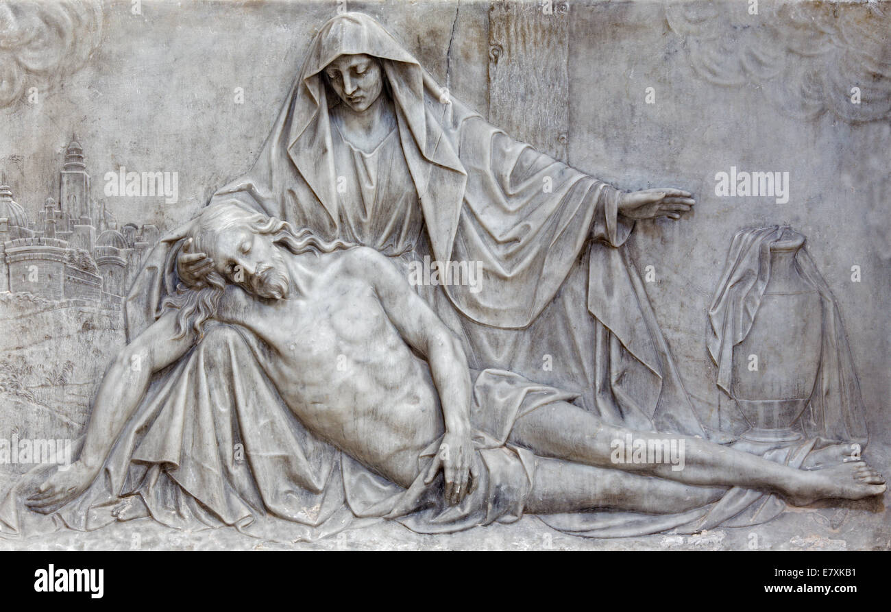 BRUSSELS, BELGIUM - JUNE 15, 2014: The marble relief of Pieta in church Notre Dame aux Riches Claires Stock Photo
