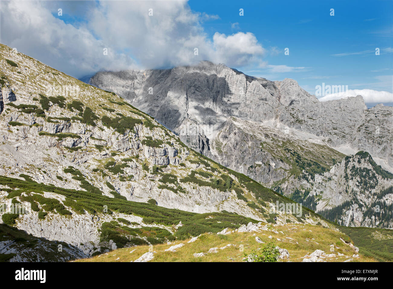 Alps - Outlook from Watzmannhaus chalet to Hochkalter peak Stock Photo