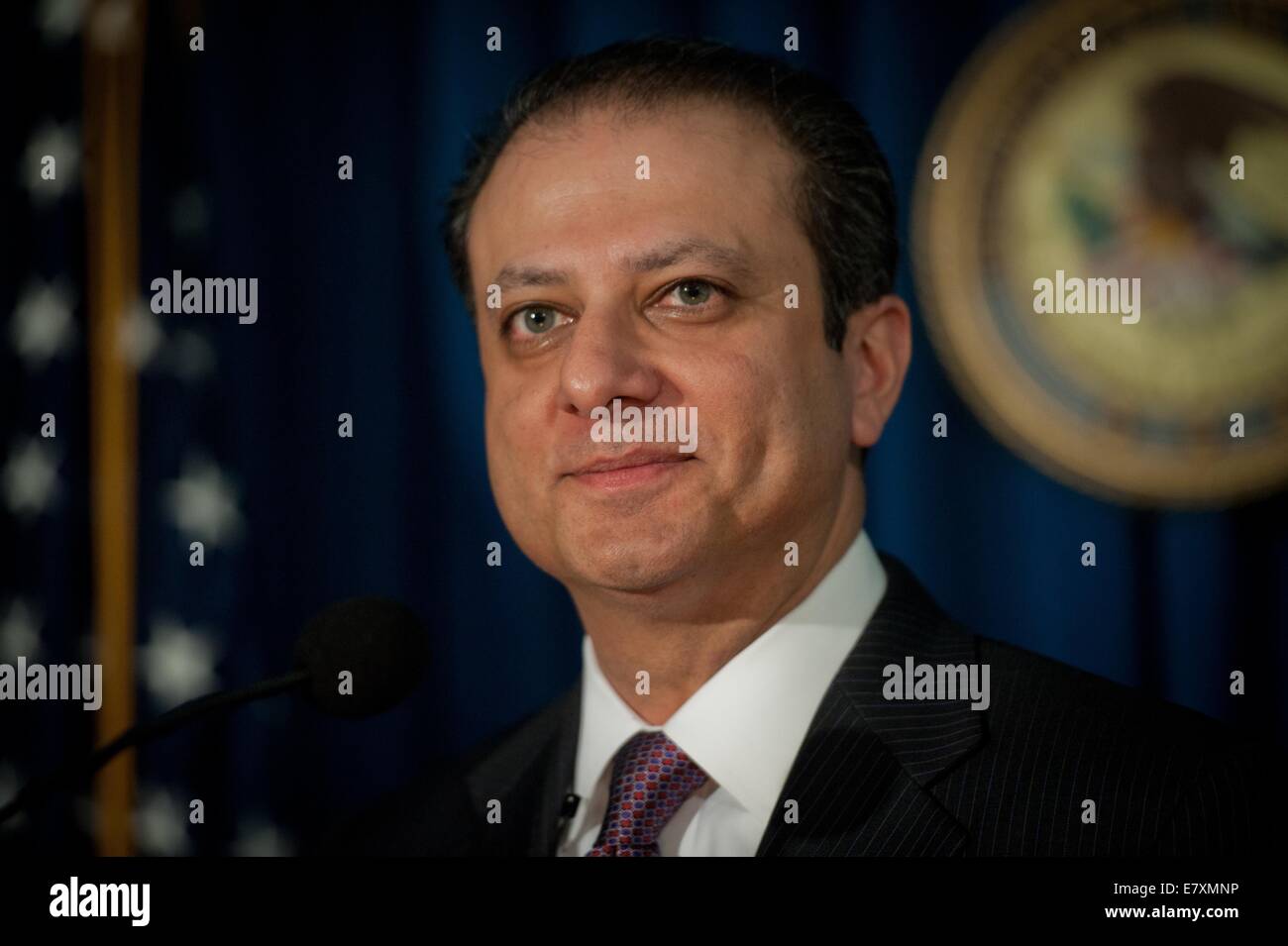 File. 25th Sep, 2014. The top names mentioned to possibly replace Attorney General Eric Holder include Preet Bharara. PICTURED: Dec. 5, 2013 - New York, New York, U.S. - PREET BHARARA, the United States Attorney for the Southern District of New York announces charges against 49 defendants for participating in a widespread nine-year fraud scheme to illegally obtain nearly half a million dollars in Medicaid benefits. © Bryan Smith/ZUMAPRESS.com/Alamy Live News Stock Photo