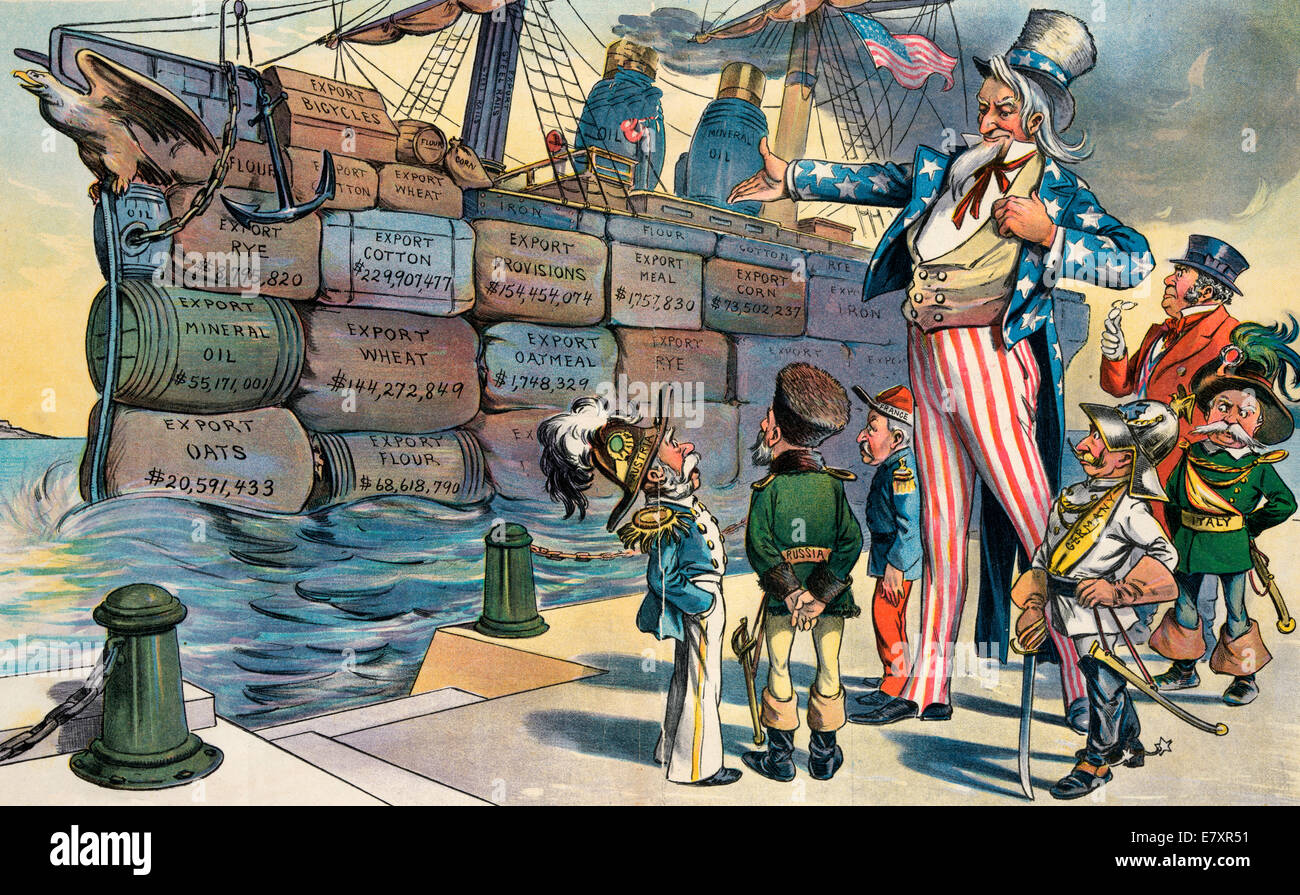 Another Revelation of Strength - Uncle Sam - Here is a ship more powerful than my strongest ship of war.  You can't resist it. Uncle Sam standing on a wharf with five diminutive figures with attributes of the rulers of Austria (Franz Joseph I), Russia (Nicholas II), France (Felix Faure), Germany (William II), Italy (Umberto I), and with John Bull representing England. He is showing them an American steam ship constructed out of bundles, barrels, and bales of exports, many indicating revenue in dollars, which, he believes, they 'can't resist'. Political cartoon, 1898 Stock Photo