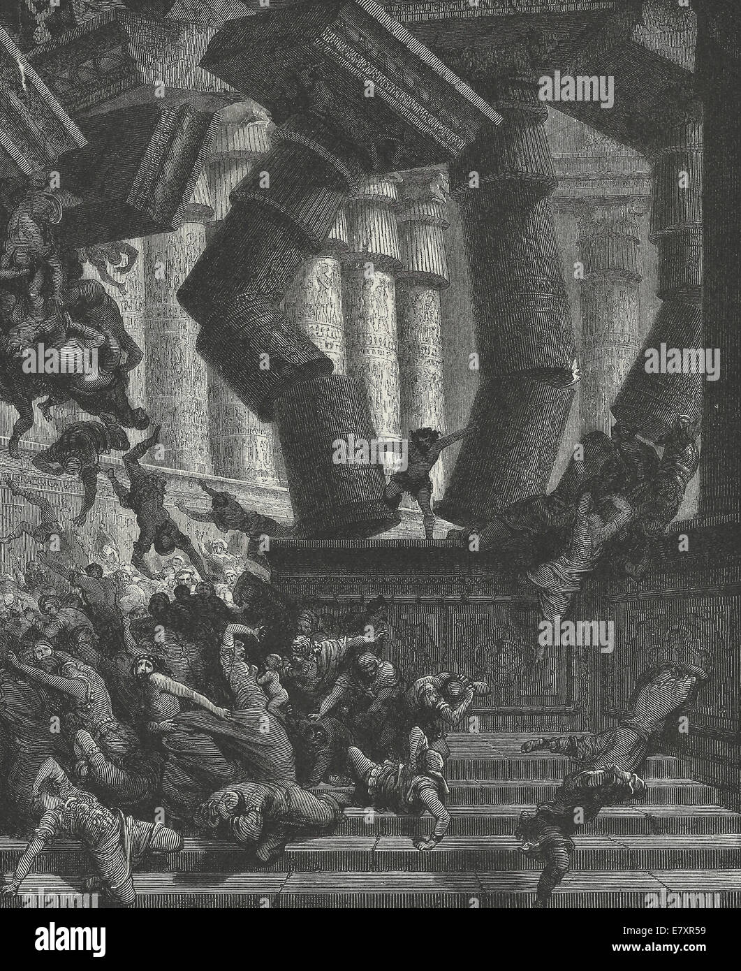 Death of Samson - Samson pulls down the pillars in the Temple of Dagon, killing himself and the Philistines, Old Testament Stock Photo