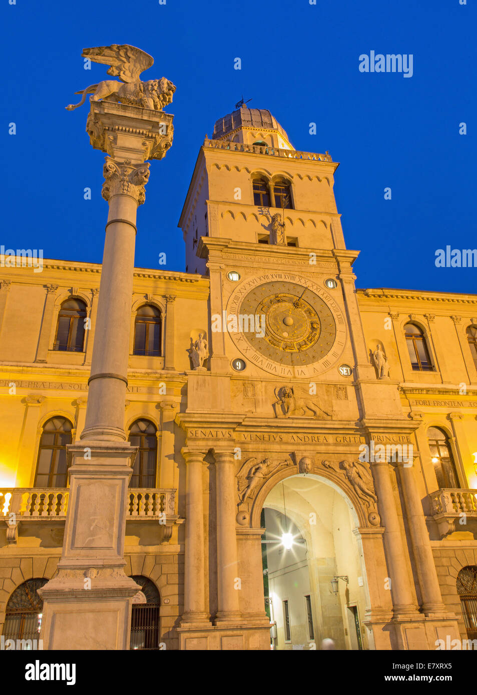 PADUA, ITALY - SEPTEMBER 9, 2014: Piazza dei Signori square and Torre del Orologio and st. Mark column Stock Photo