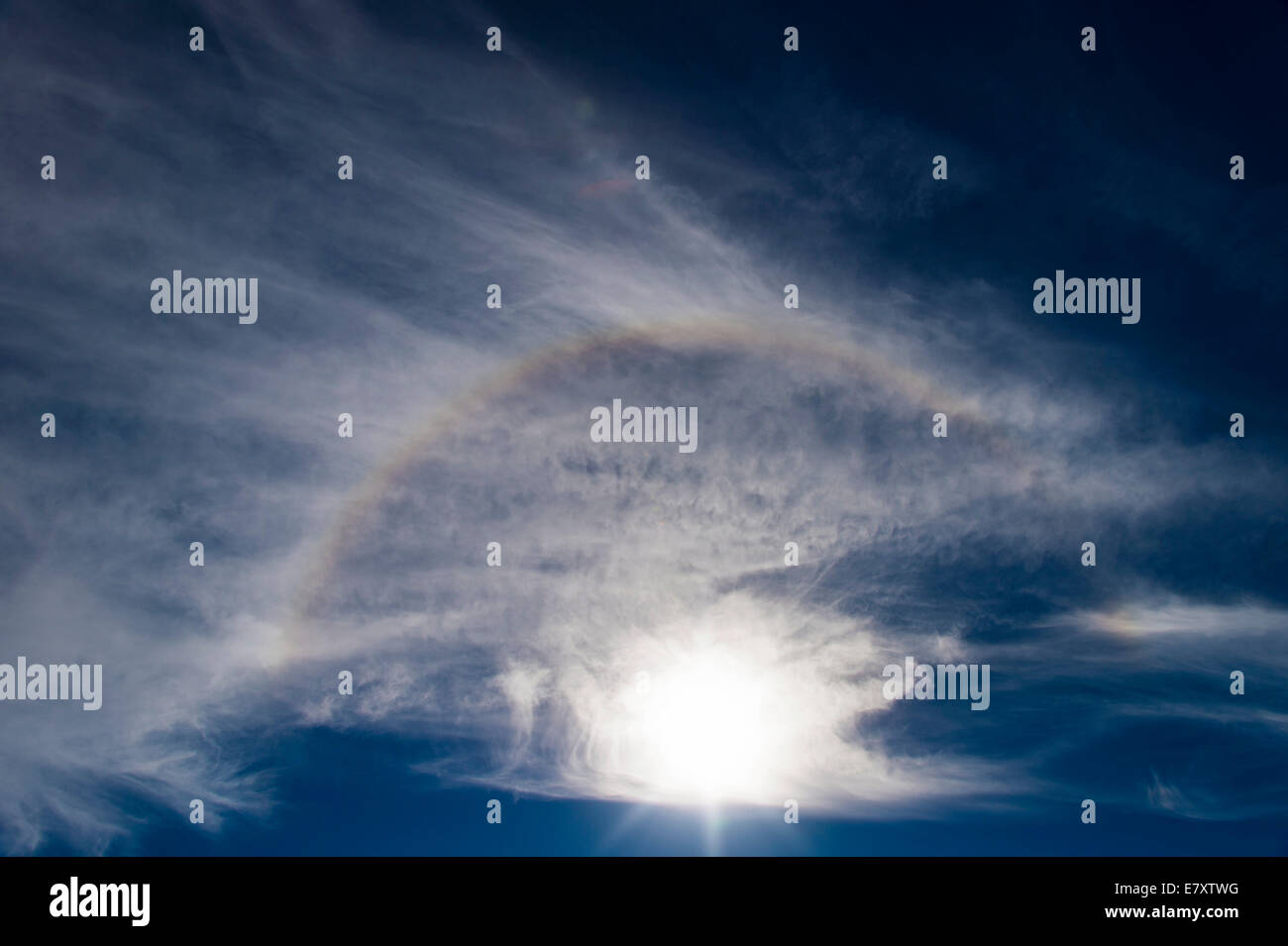 Sun with a halo in the blue sky with white clouds, Gran Canaria, Canary Islands, Spain Stock Photo