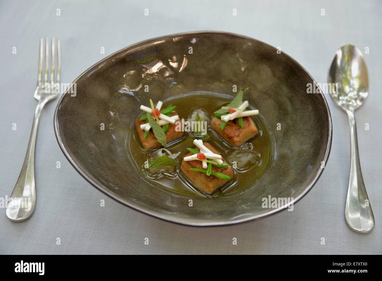 Miso soup with foie gras, vegetables and Japanese Ume fruits served in the Sant Pau Restaurant, three Michelin Stars, created by Stock Photo