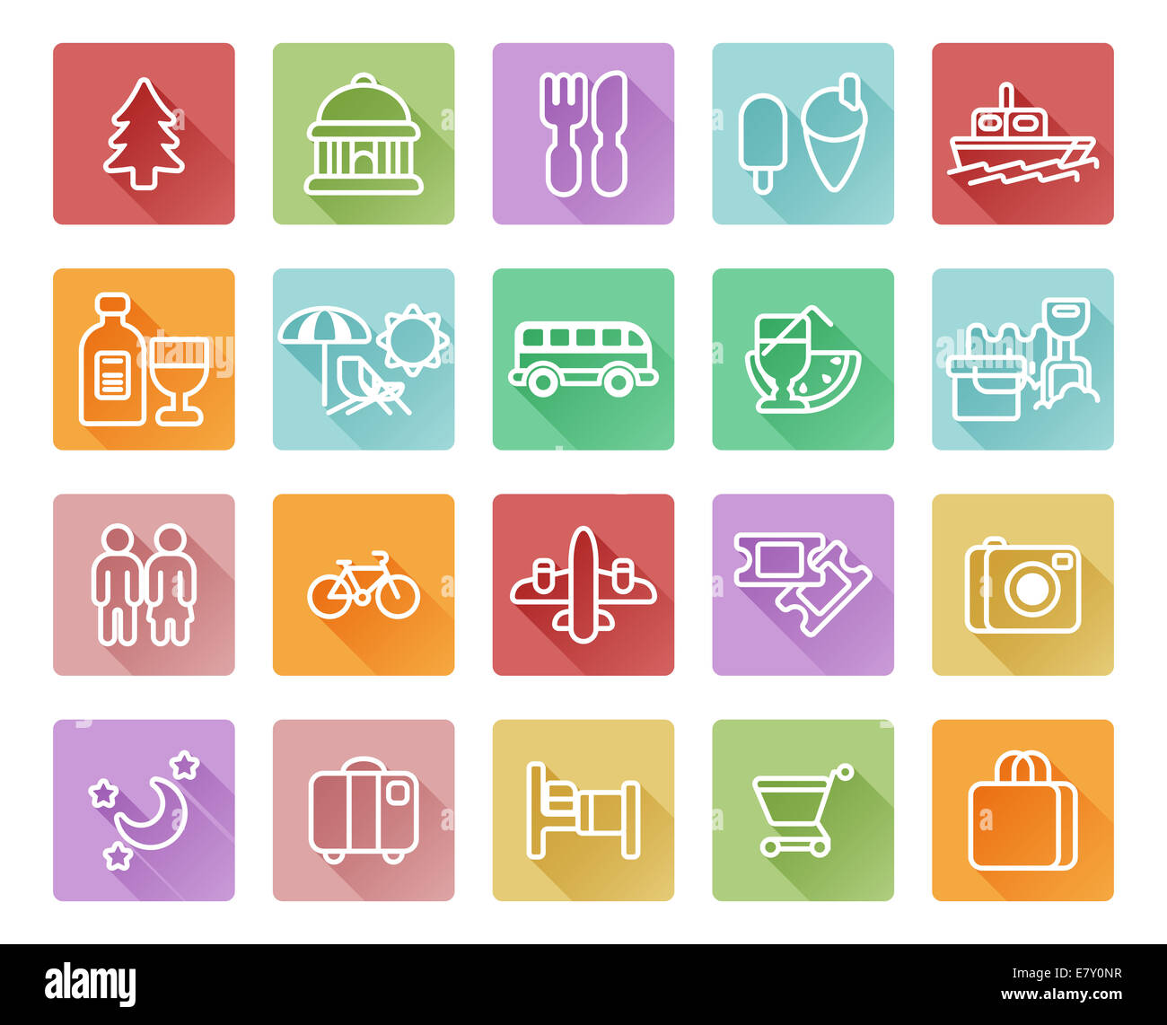 Travel and tourism icons including beach deck chair, shopping, dinning, museum and many more Stock Photo