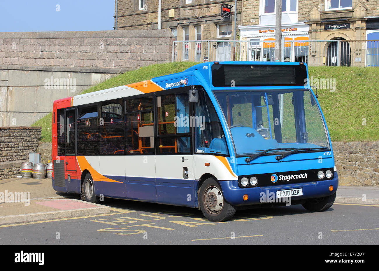 Small single deck Stagecoach liveried bus parked on the bus stand at