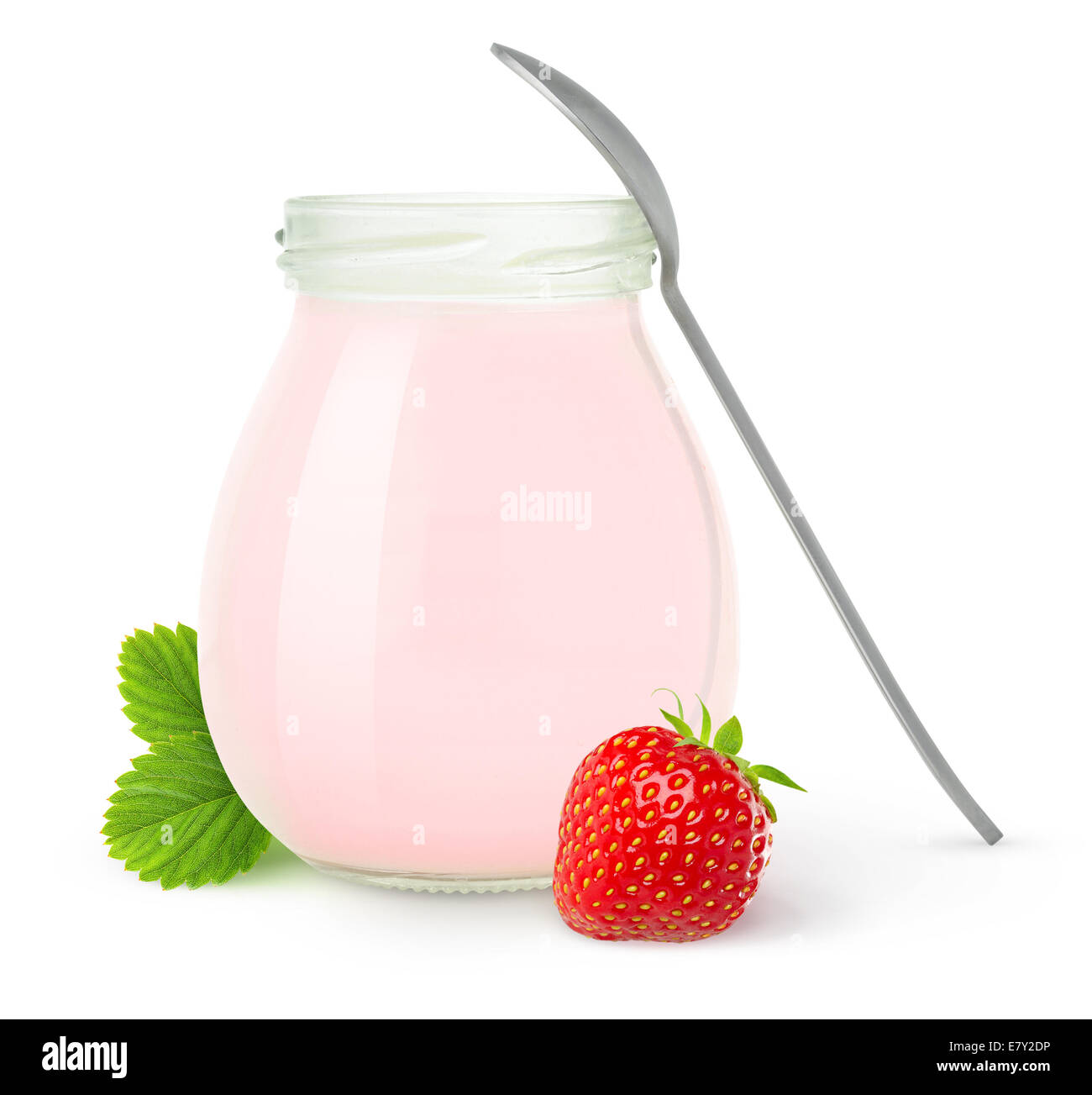 Jar of fresh strawberry yogurt isolated on white Stock Photo