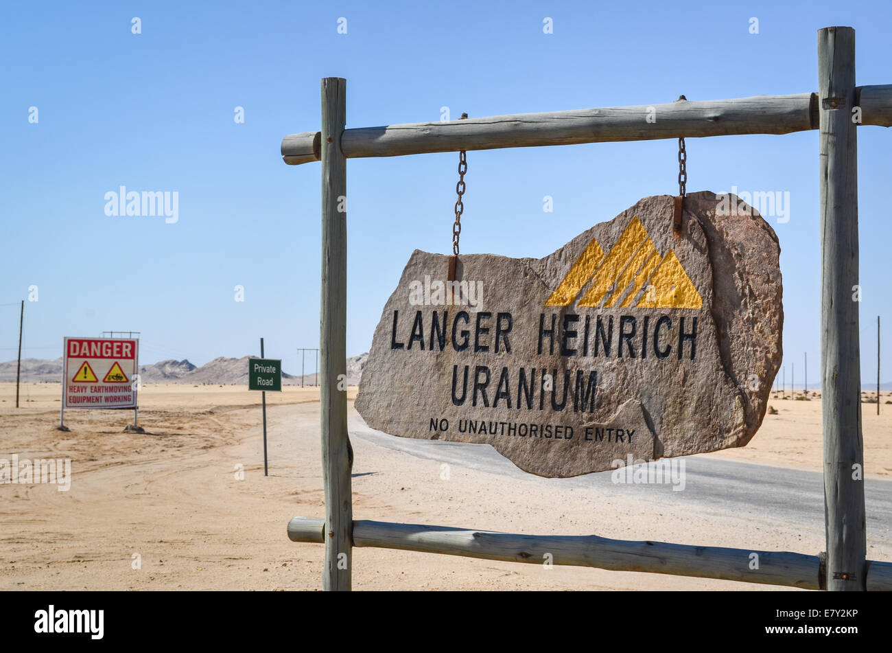 Entrance sign of the Langer Heinrich uranium mine (operated by the Australian company Paladin Energy), Namib desert, Namibia Stock Photo
