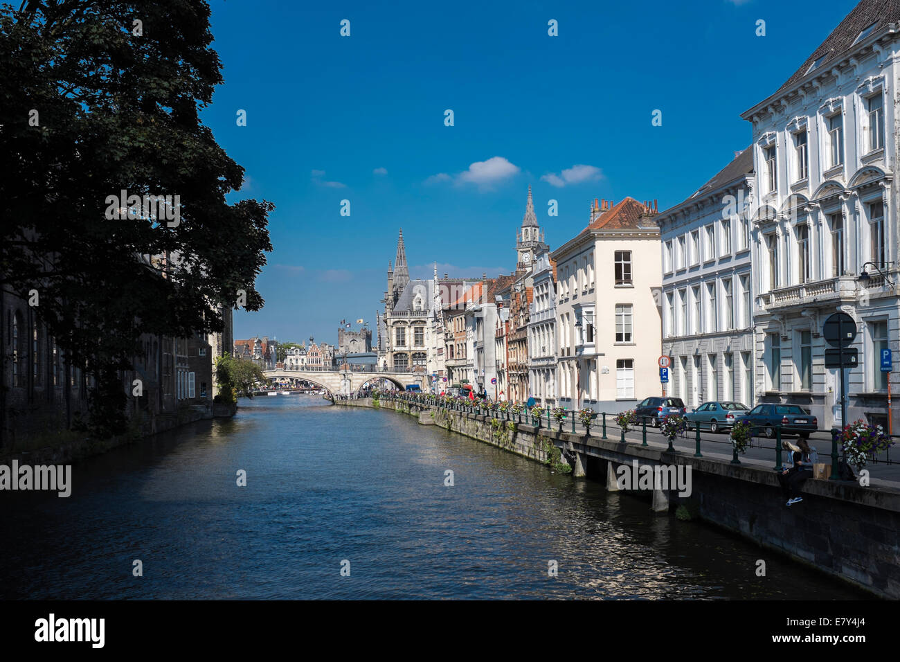 A view towards the Medieval area of Ghent taken from the bridge on Jakobijnenstraat Stock Photo