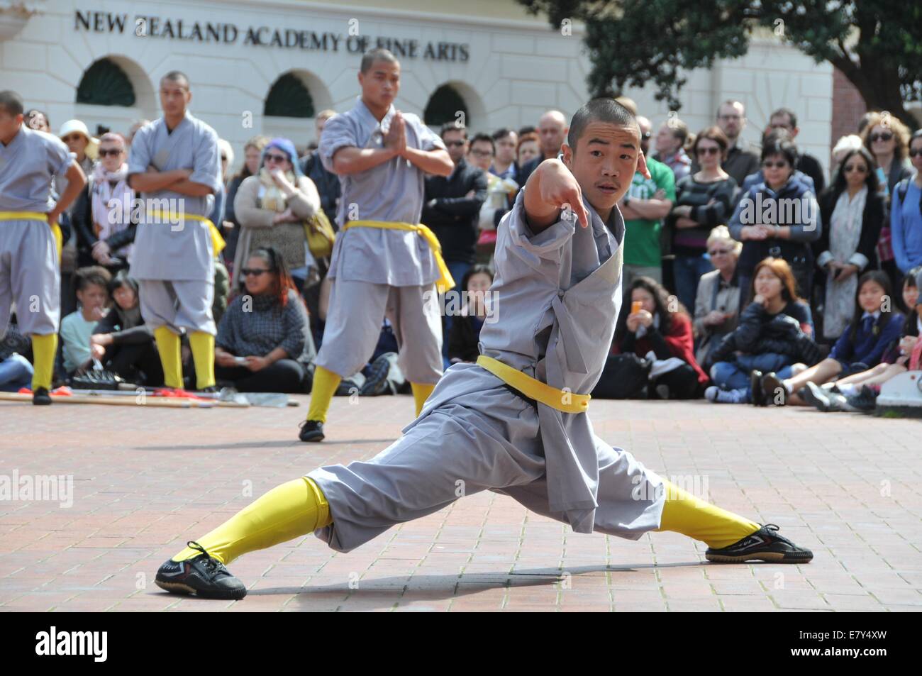 (140926) -- WELLINGTON, Sept. 26, 2014 (Xinhua) -- Chinese Kungfu monks perform in Wellington, New Zealand, Spet. 26, 2014. The iconic Shaolin Kungfu Monk Troupe arrived in Wellington to attend the World of Wearable (WOW) Art Awards Shows. (Xinhua/Su Liang) Stock Photo