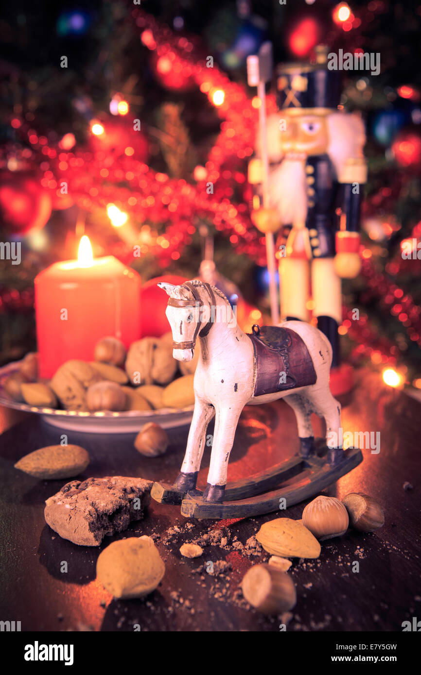 small rocking horse on a plate as xmas installation Stock Photo
