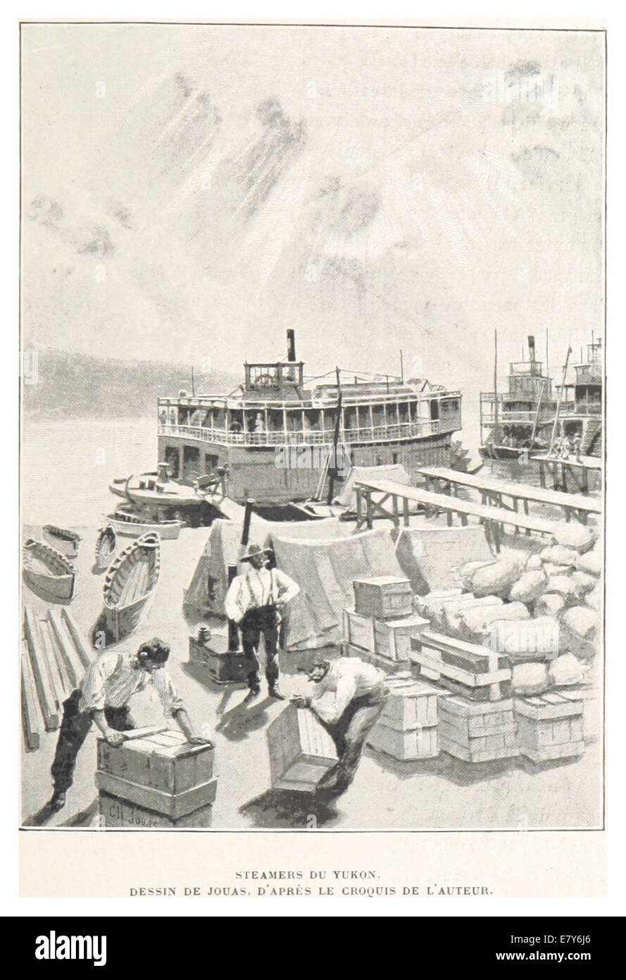 This 1899 illustration by Boillot depicts steamers operating on the Yukon River. The sketch provides a detailed view of the steamboats used for transport in the Yukon region, highlighting their design and functionality in the late 19th century. Stock Photo