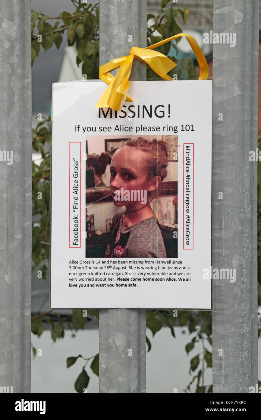 London, UK. 26th Sep, 2014. 'Missing' person poster tied to railings on Trumpers Way, Hanwell as Police continue search for missing schoolgirl Alice Gross, Hanwell, London. Credit:  Maurice Savage/Alamy Live News Stock Photo