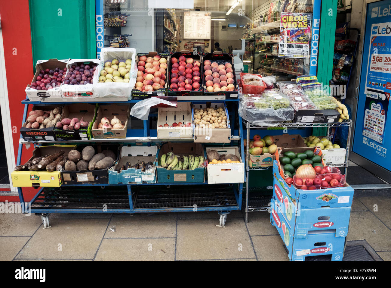 Fruit and veg display outside of a small local shop on Leith Walk