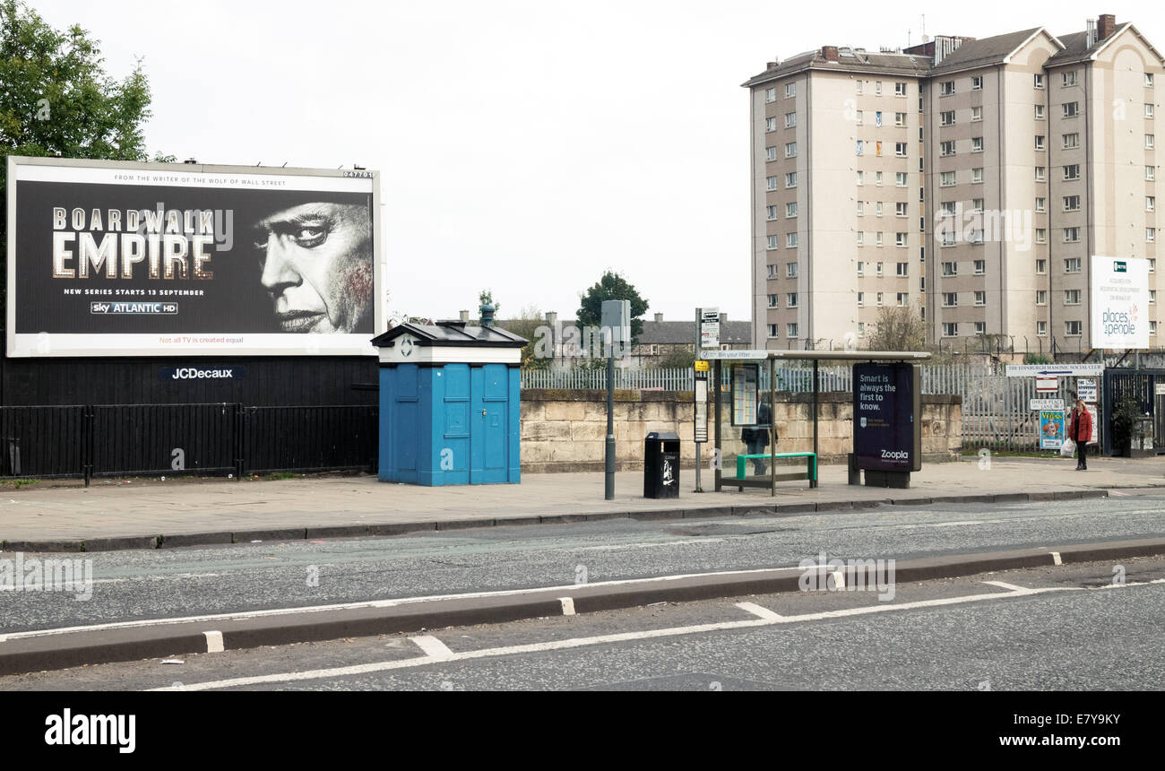 Boardwalk Empire billboard and tower block apartments on Leith Walk, Edinburgh Stock Photo