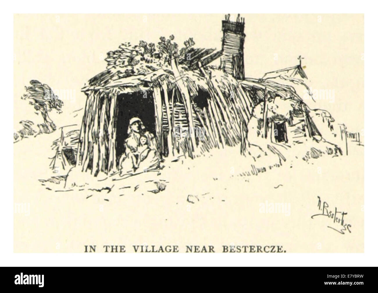 This 1893 illustration by Pennell depicts a village near Bestercze, showcasing the rural landscape and the village life of the region. The artwork offers insight into the everyday life and architectural style of small settlements in that era. Stock Photo