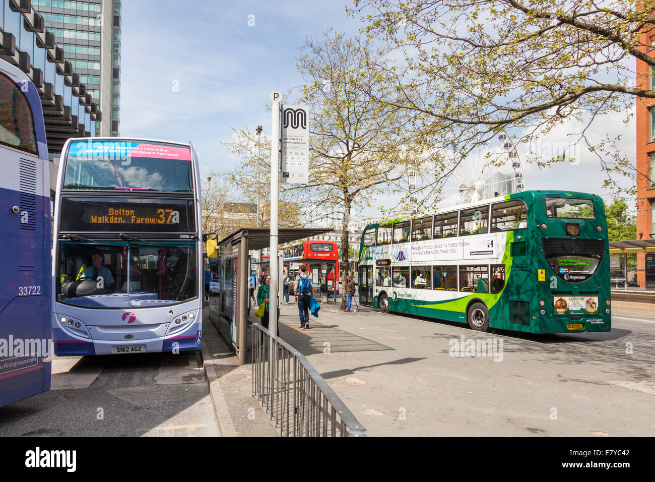Manchester buses at bus stops at Parker Street, Piccadilly Gardens, Manchester, England, UK Stock Photo