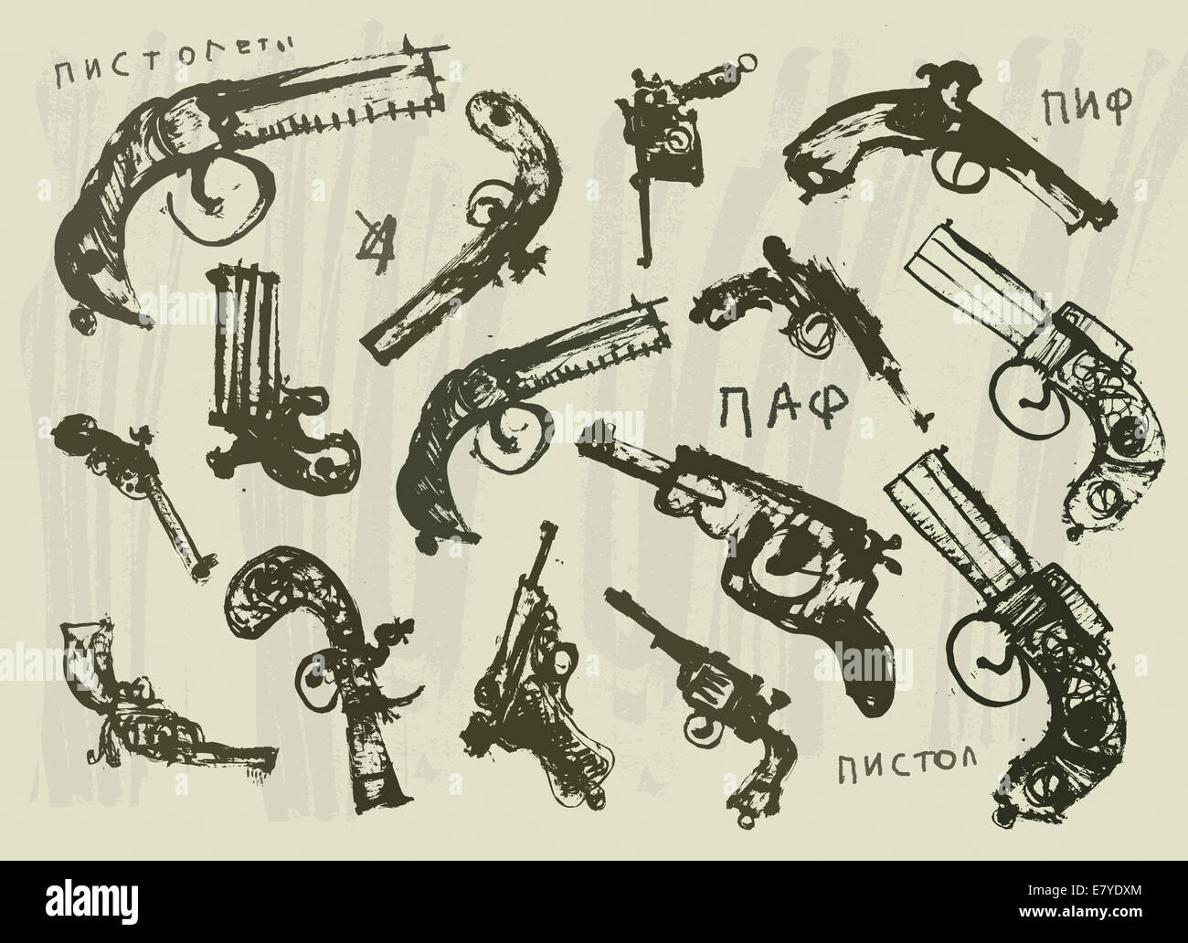 Symbolic image of pistols in high quantities Stock Photo