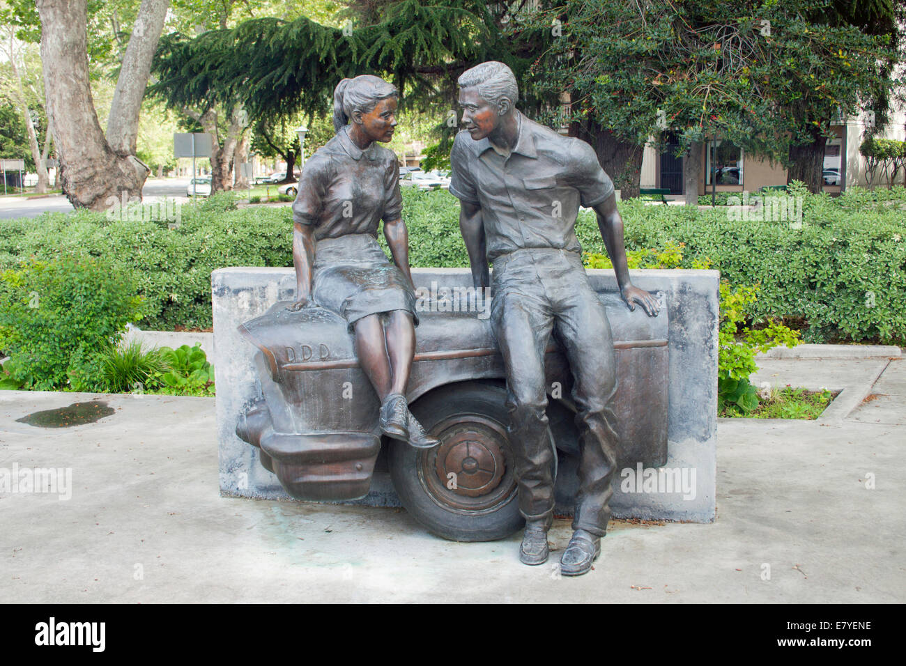 American Graffiti statue in Modesto, California, honoring George Lucas’s classic film and the city’s 1960s cruising culture. Stock Photo