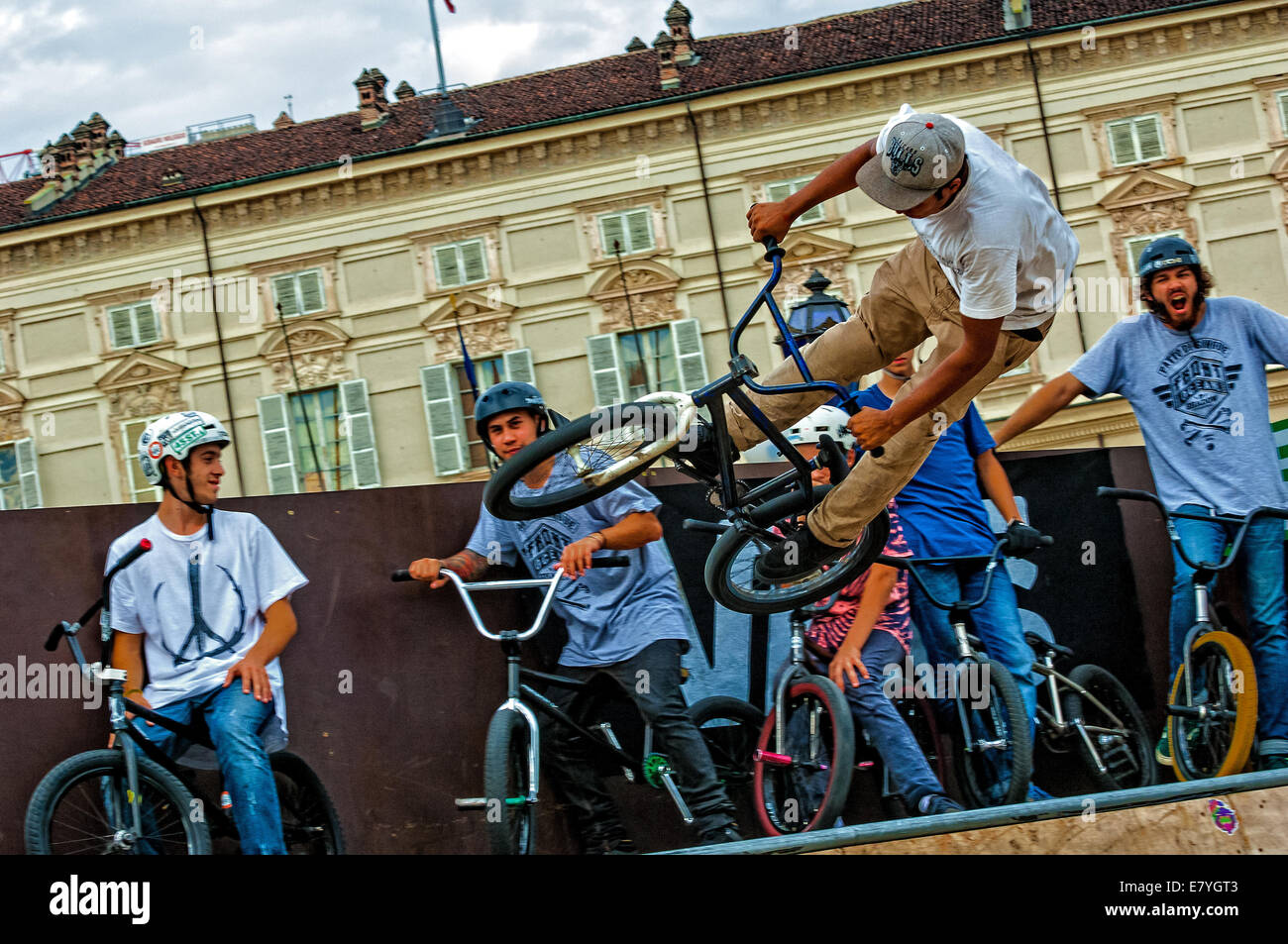 Italy Piedmont Turin ' Torino Free Style event in Piazza Castello 21th September 2014 Bmx Free Style Stock Photo