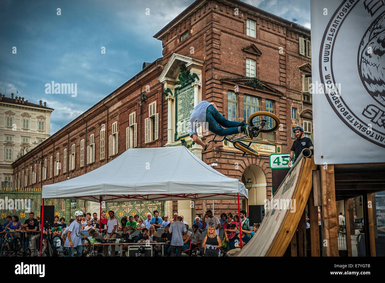 Italy Piedmont Turin ' Torino Free Style event in Piazza Castello 21th September 2014 Bmx Free Style Stock Photo