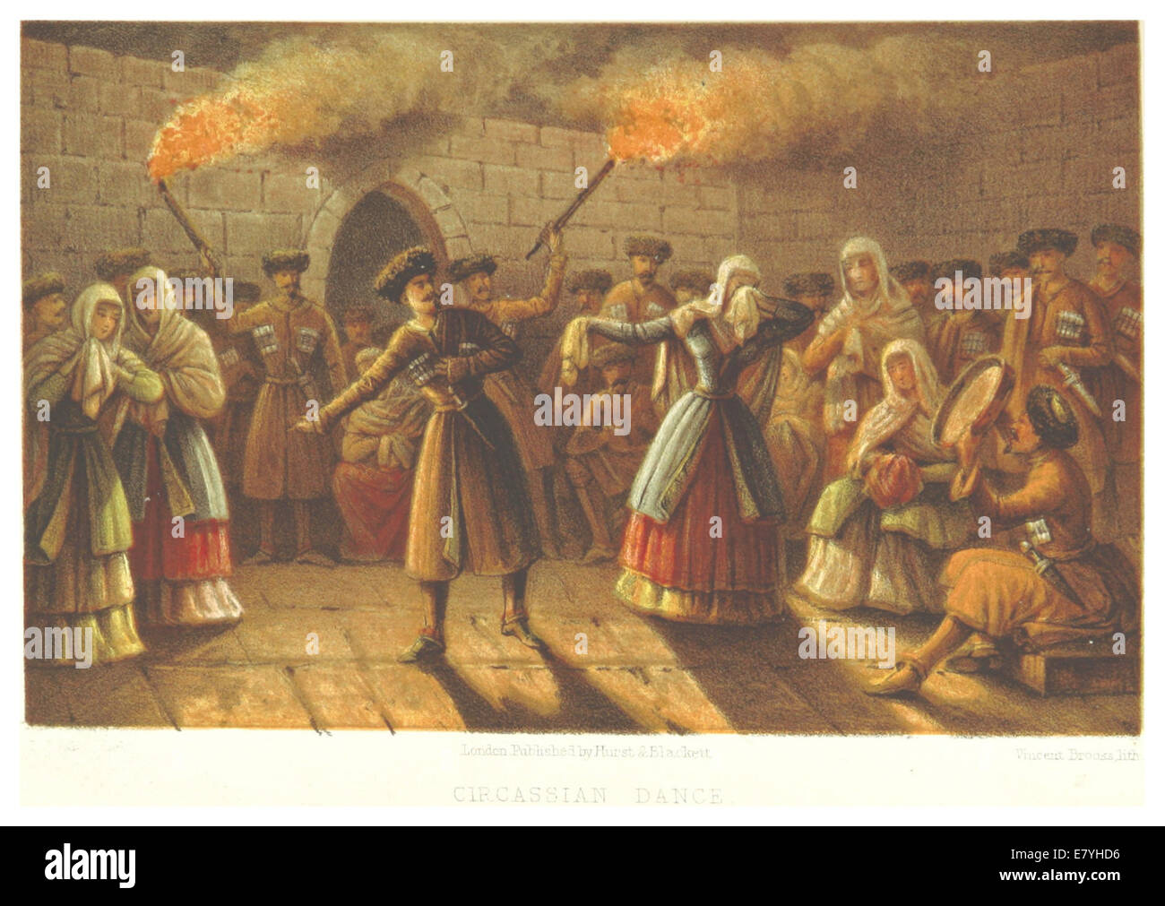 Illustration from Ussher's 1865 publication, showing a traditional Circassian dance, highlighting the cultural performance. Stock Photo