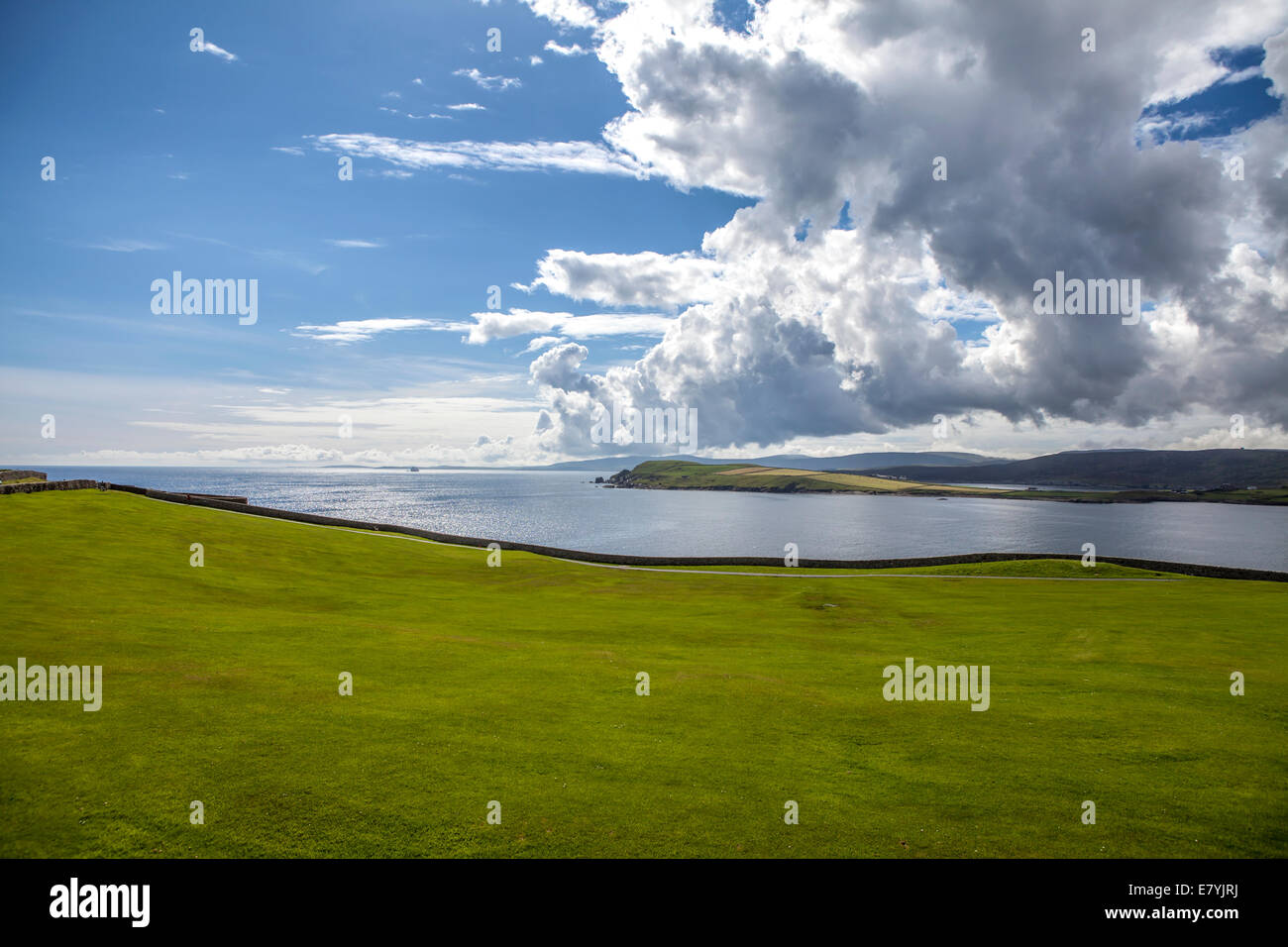 Beautiful landscape of the Mainland Island on Shetland Islands in Scotland. Viewed from a golf course in Lerwick Stock Photo